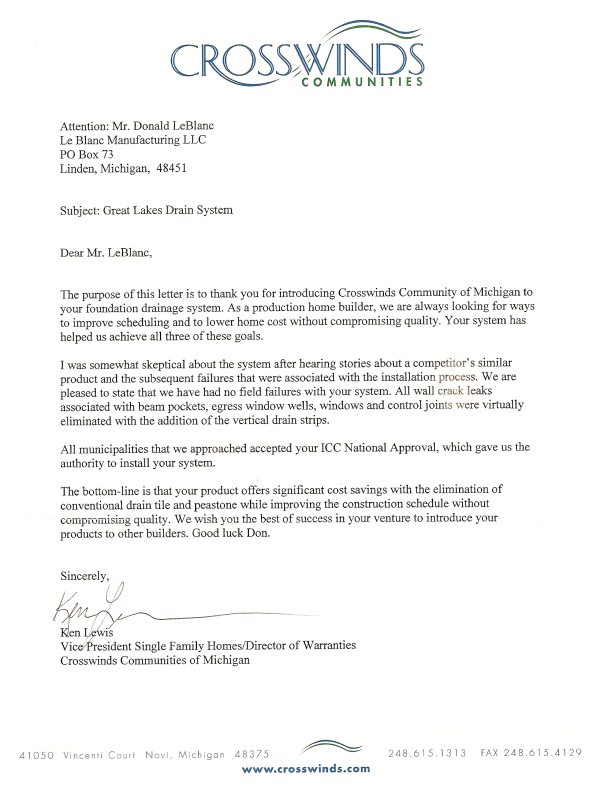Crosswinds Communities, Inc. letter of reference